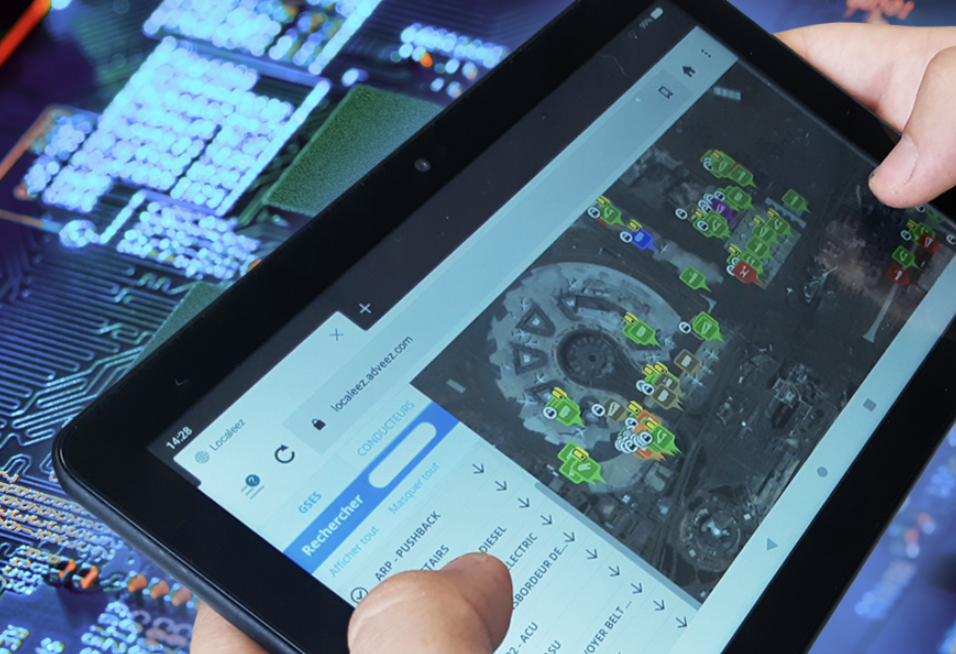 Adveez telematics module on airport ground support vehicle displaying live GPS and maintenance data